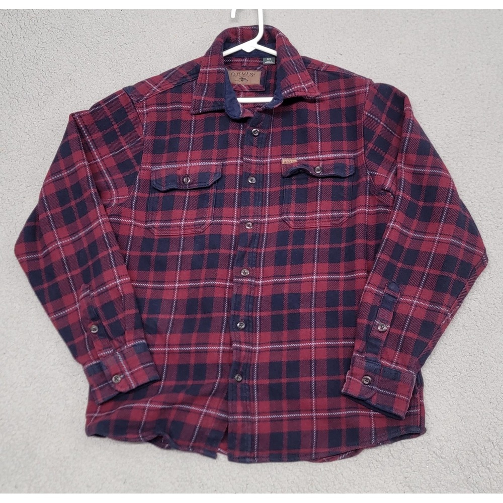 Orvis Jacket Mens Medium Red Plaid Flannel Shirt Shacket Lined Pockets Winter